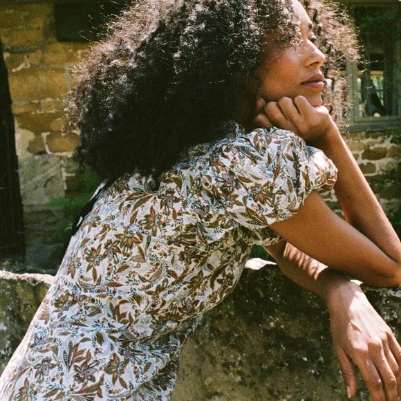 Doen Rhodia Cotton Puff Short Sleeve Maxi Midi Dress Blanc Narcissus Floral - Picture 6 of 16